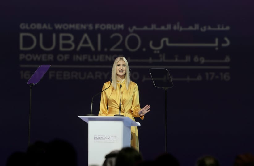 US White House senior adviser Ivanka Trump delivers the keynote address during the Global Women's Forum in Dubai, United Arab Emirates, February 16, 2020. (photo credit: REUTERS/CHRISTOPHER PIKE)
