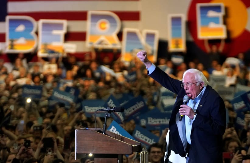 Democratic U.S. presidential candidate Senator Bernie Sanders talks to supporters in Denver, Colorado U.S., February 16, 2020. (photo credit: RICK WILKING / REUTERS)