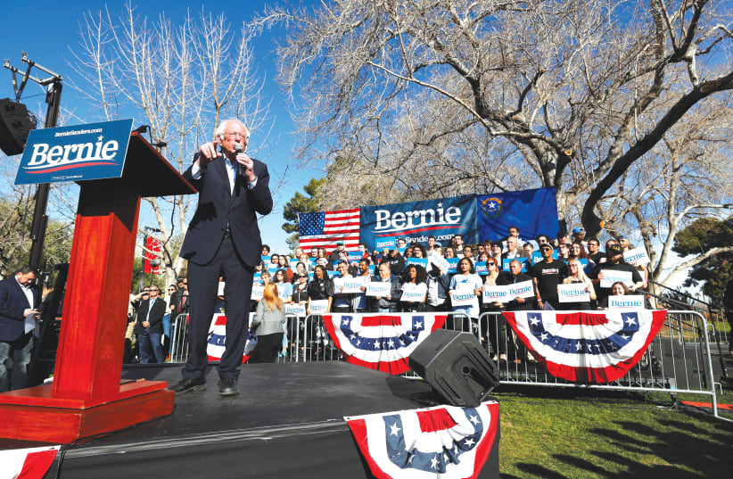 BERNIE SANDERS at a campaign rally. (photo credit: REUTERS)