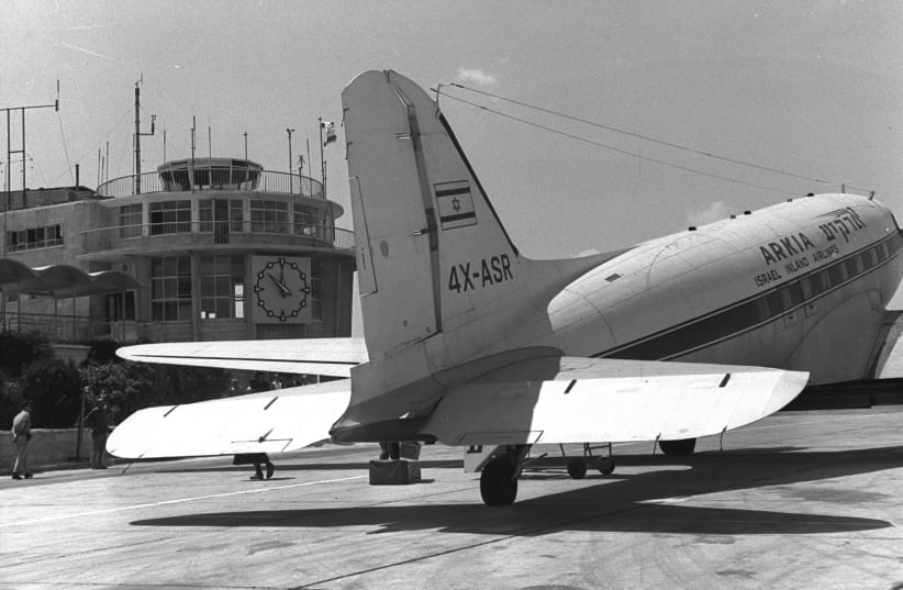 An Akira passenger plane from Tel Aviv lands in front of the Jerusalem airport terminal at Atarot, 1967 (photo credit: Wikimedia Commons)