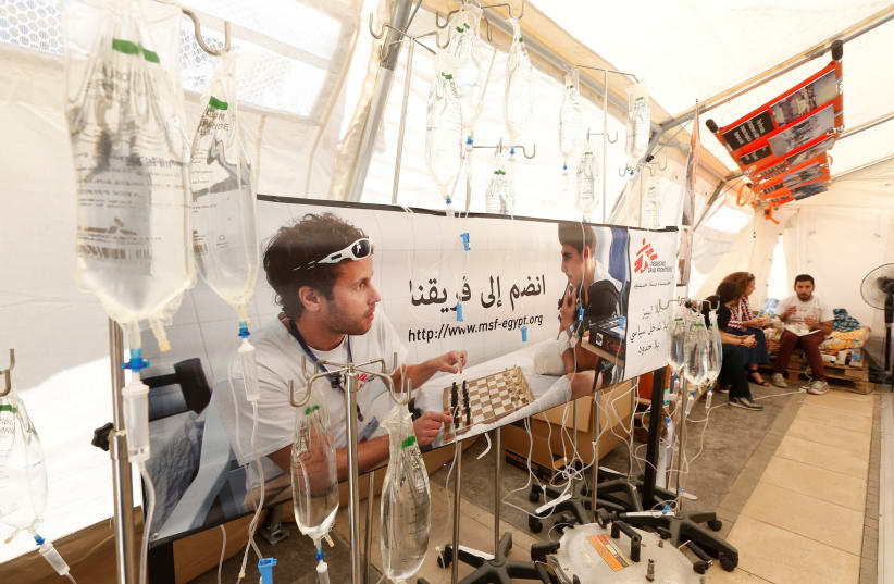 Serum bags are displayed during an exhibition at a conflict medicine conference at the American University of Beirut Medical Center (AUBMC) in Beirut (photo credit: REUTERS)