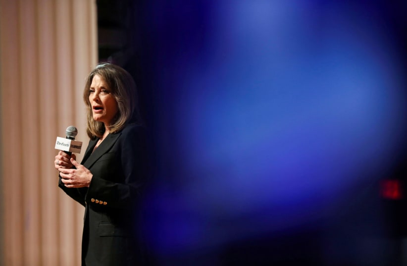 Former Democratic presidential candidate and author Marianne Williamson speaks at the One Iowa and GLAAD LGBTQ Presidential Forum in Cedar Rapids, Iowa, September 20, 2019 (photo credit: REUTERS/SCOTT MORGAN/FILE PHOTO)