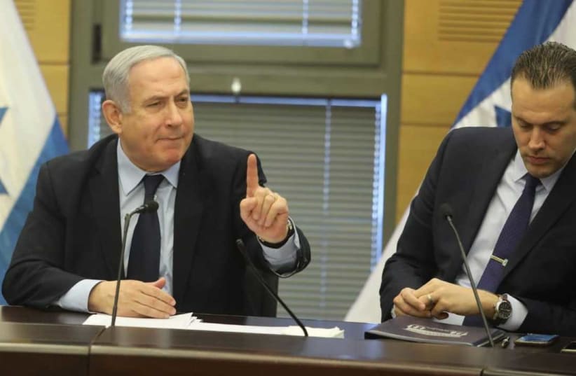 PM Benjamin Netanyahu at Likud Party meeting, Feb. 9, 2020 (photo credit: MARC ISRAEL SELLEM/THE JERUSALEM POST)