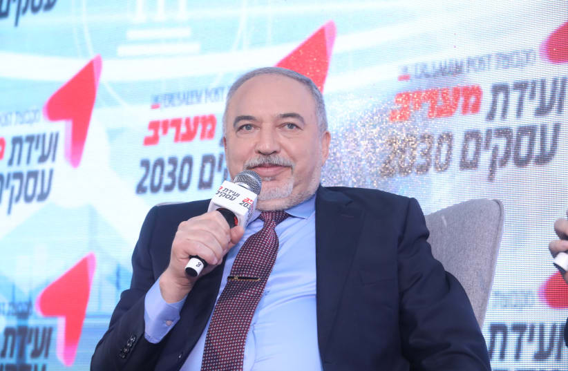Yisrael Beytenu leader Avigdor Liberman is seen speaking at the 'Maariv' Conference. (photo credit: MARC ISRAEL SELLEM/THE JERUSALEM POST)