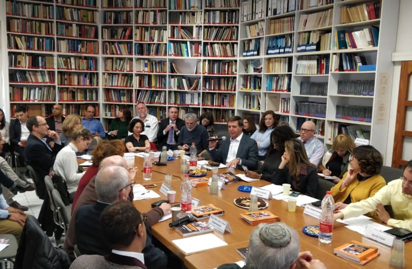 Alan Dershowitz spoke at a meeting of the Jerusalem Center for Public Affairs on February 27, 2020. (photo credit: JERUSALEM CENTER FOR PUBLIC AFFAIRS)