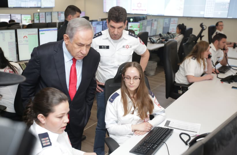 Prime Minister Benjamin Netanyahu visits MDA's National Operations Center in Kiryat Ono, February 27, 2020 (photo credit: MAGEN DAVID ADOM)