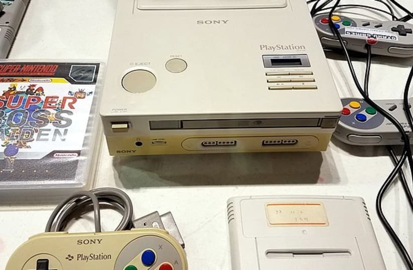 A rare prototype of the PlayStation console, with ports for CD-ROMs and cartridge. (photo credit: Wikimedia Commons)