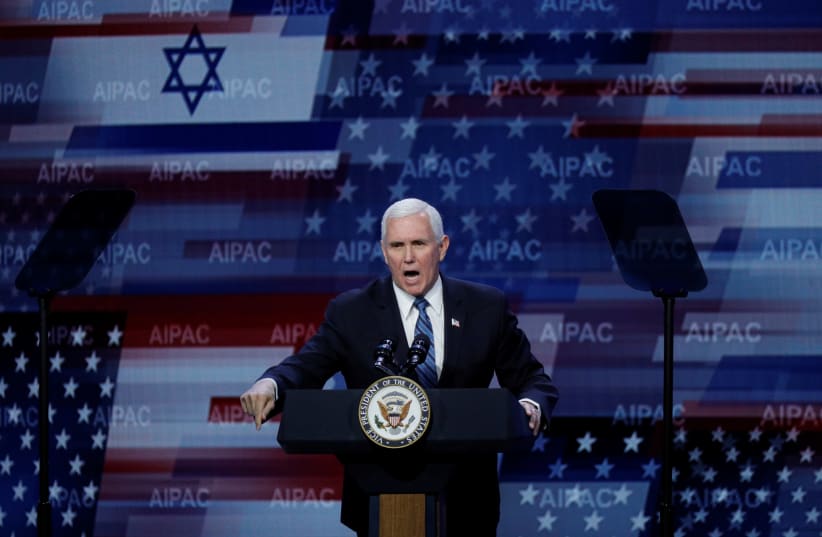 U.S. Vice President Mike Pence delivers remarks during the AIPAC convention at the Washington Convention Center in Washington, U.S., March 2, 2020. (photo credit: TOM BRENNER/REUTERS)