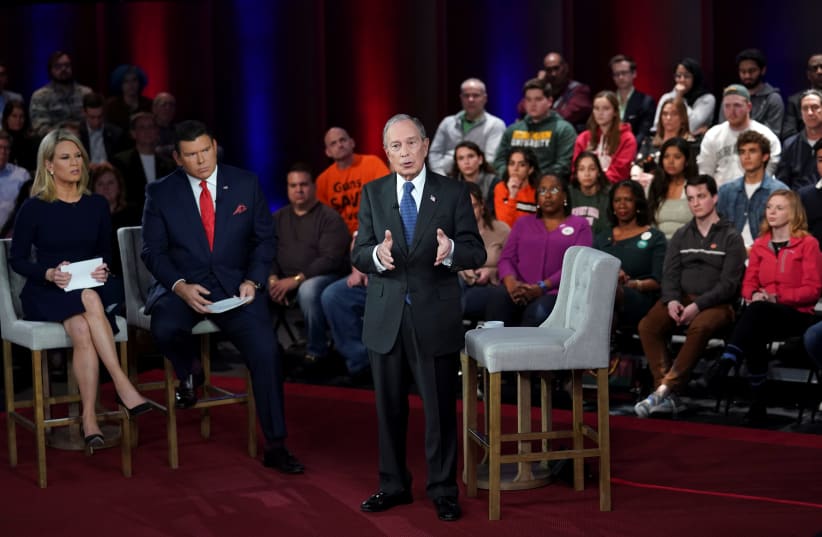 Democratic presidential contender Michael Bloomberg speaks during a live televised town hall in Manassas, Virginia, U.S. March 2, 2020.  (photo credit: KEVIN LAMARQUE/REUTERS)