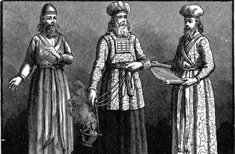 ‘PRIESTS OF the Tabernacle,’ with high priest at center, wearing the ‘hoshen hamishpat.’ (Illustration from the 1897 ‘Bible Pictures and What They Teach Us, (photo credit: Wikimedia Commons)