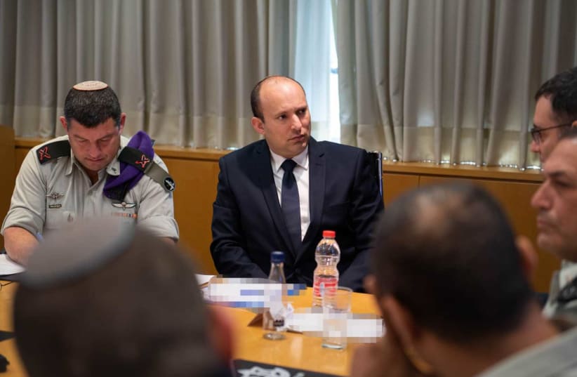 Defense Minister Naftali Bennett during a special meeting discussing what will happen if a national state of emergency is declared due to coronavirus, March 2020 (photo credit: Courtesy)