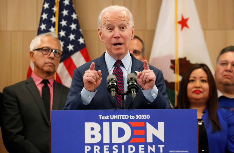 Democratic U.S. presidential candidate and former Vice President Joe Biden speaks during a campaign stop in Los Angeles, California, U.S., March 4, 2020 (photo credit: REUTERS/MIKE BLAKE)