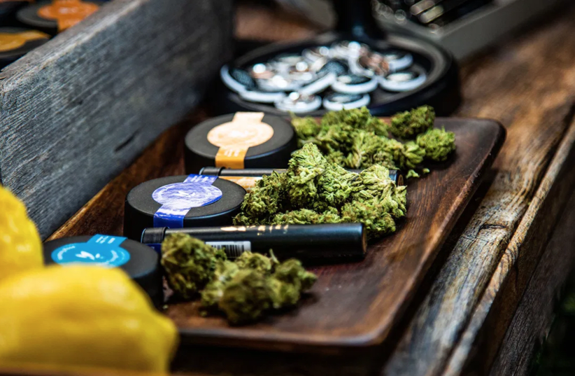 Flow Kana products on display at the 2019 Emerald Cup, Northern California’s largest annual cannabis event, held at the Sonoma County Event Center at the Fairgrounds in Santa Rosa (photo credit: RACHEL WEIL/JTA)