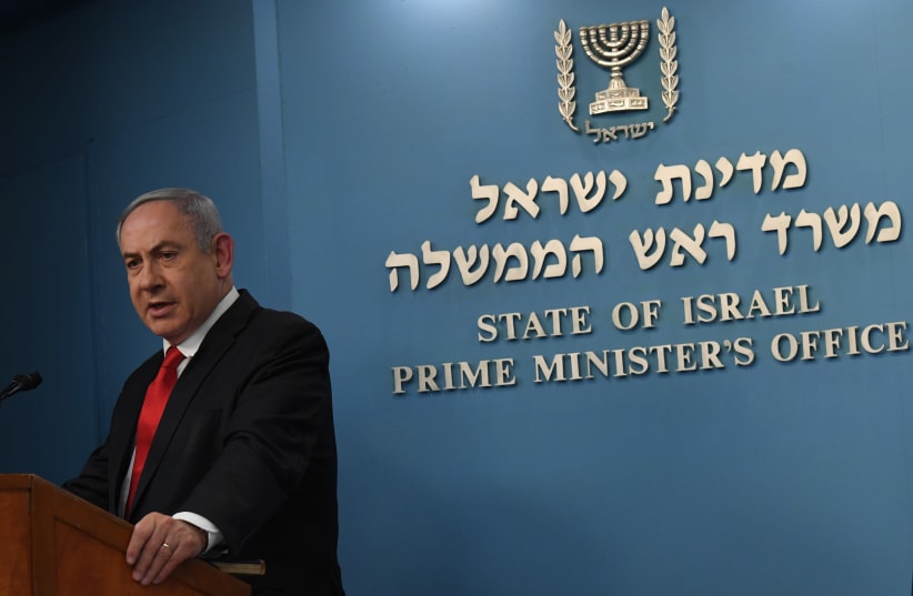 Prime Minister Benjamin Netanyahu addresses the press about the coronavirus outbreak, March 8, 2020 (photo credit: GPO/KOBI GIDEON)