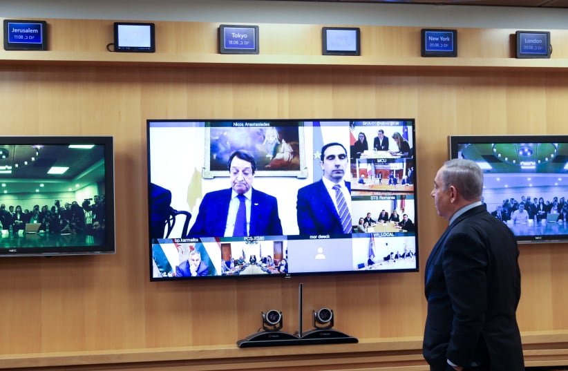 PM Benjamin Netanyahu speaks with European leaders about coronavirus, March 9, 2020 (photo credit: MARC ISRAEL SELLEM/THE JERUSALEM POST)
