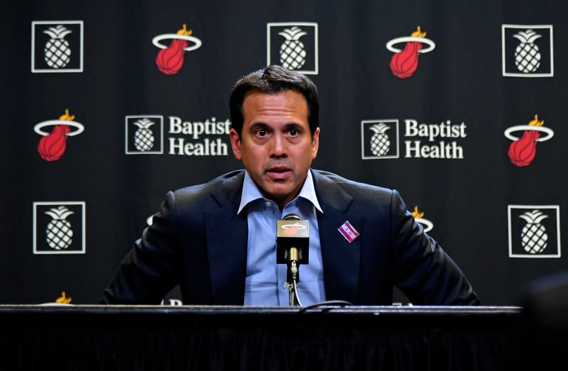 Miami Heat head coach Erik Spoelstra speaks with the media after the game at American Airlines Arena about the NBA suspending the season due to the Coronavirus pandemic (photo credit: JASEN VINLOVE-USA TODAY SPORTS / VIA REUTERS)