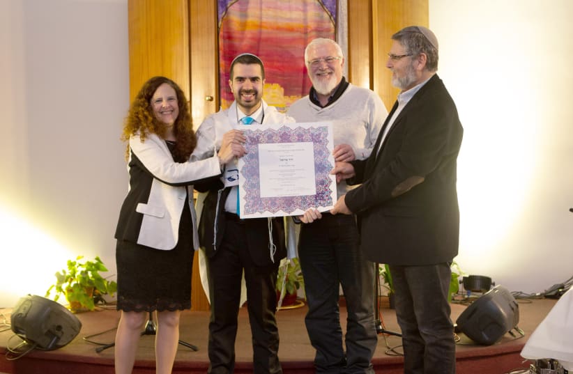 (LEFT TO right) Rabba Diana Villa, Rabbi David Arias, Rabbi Yosef Kleiner and Rabbi Ehud Bandel at Arias’ rabbinic graduation/ordination ceremony. (photo credit: EYAL WEISS)