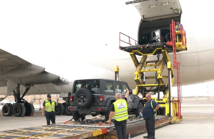 Cargo plane with military equipment lands at Ramon Airport (photo credit: DEFENSE MINISTRY)