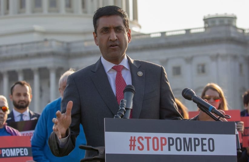 Rep Ro Khanna (D-CA) speaks at a rally with MoveOn members and allies gather with leading senators to demand that the Senate vote to reject Mike Pompeo's nomination for Secretary of State at US Capitol in Washington, DC on April 11, 2018. (photo credit: GETTY IMAGES/JTA)