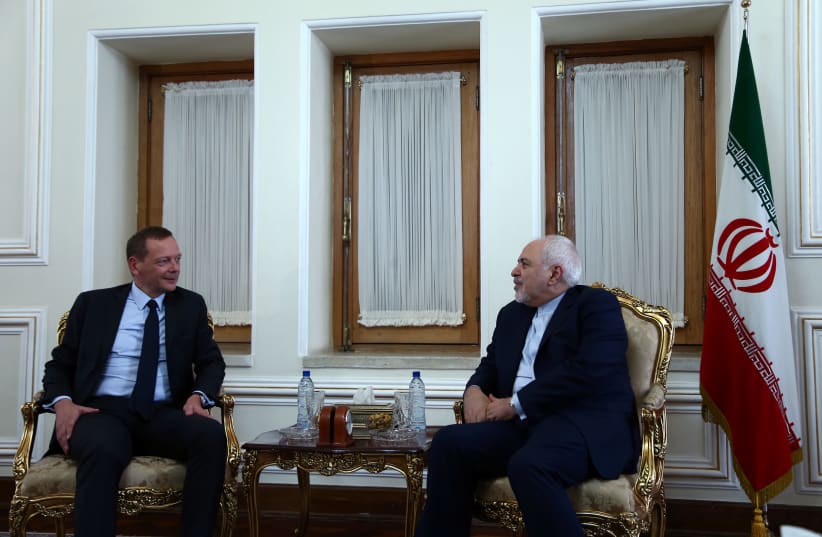 France's top diplomat Emmanuel Bonne meets with Iran's Foreign Minister Mohammad Javad Zarif in Tehran, Iran July 10, 2019 (photo credit: NAZANIN TABATABAEE/WANA (WEST ASIA NEWS AGENCY) VIA REUTERS)