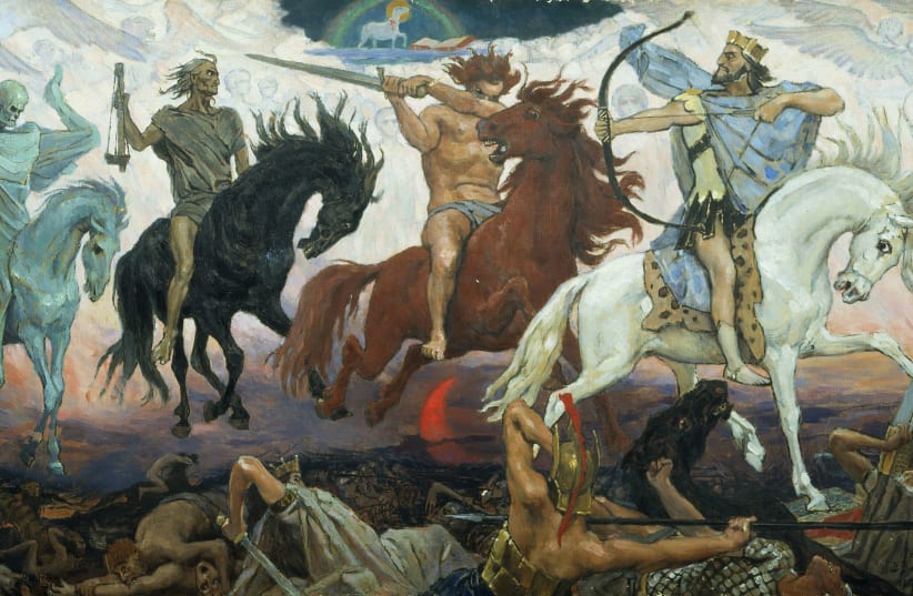 Four Horsemen of the Apocalypse, an 1887 painting by Viktor Vasnetsov. From left to right are Death, Famine, War, and Conquest; the Lamb is at the top. (photo credit: Wikimedia Commons)