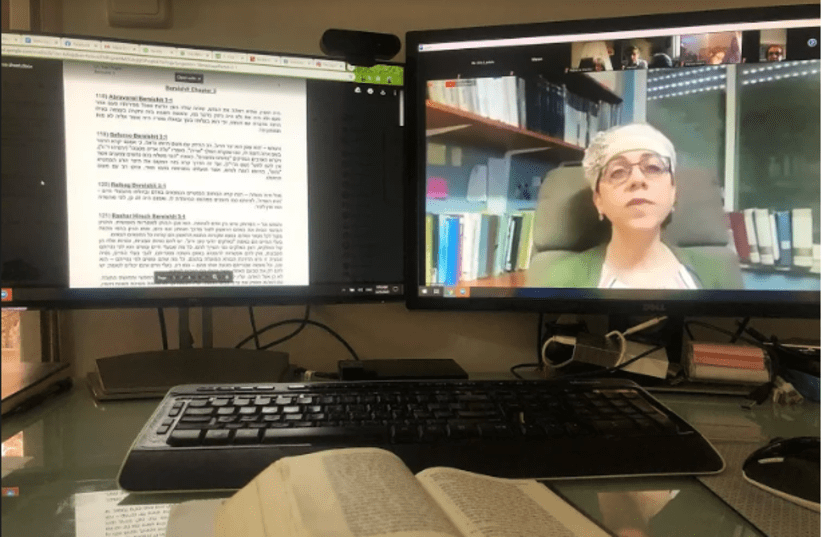 Dr. Yael Ziegler, a Matan teacher, giving her weekly class via Zoom to over 150 participants on Wednesday.  (photo credit: SHIRA LANKIN SHEPS)