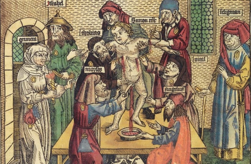 The Simon of Trent blood libel: Illustration in Hartmann Schedel’s Weltchronik, 1493 (photo credit: Wikimedia Commons)