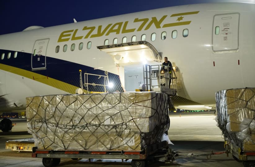 El Al cargo plane arrives from China with medical supplies to help combat the coronavirus outbreak, Ben-Gurion Airport, April 6, 2020 (photo credit: EL AL/DEFENSE MINISTRY)