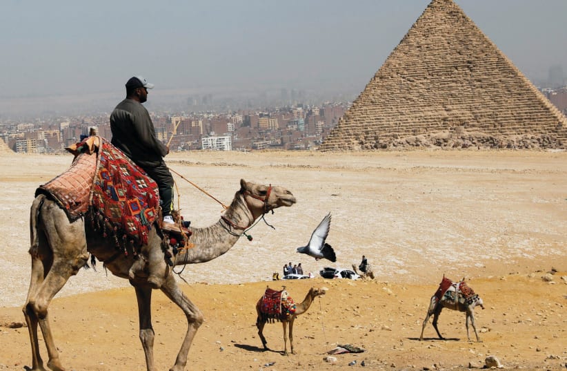 A man waits for tourists to rent his camels in front of the Great Pyramids of Giza last month.  (photo credit: MOHAMED ABD EL GHANY/REUTERS)