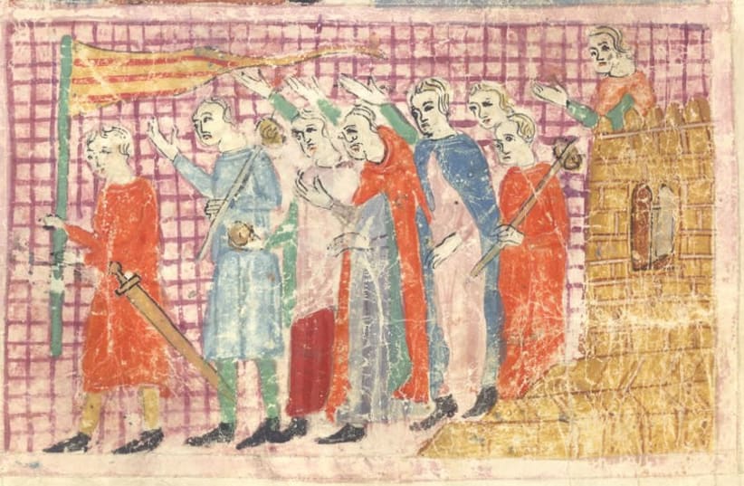The Israelites leaving Egypt. From the Haggadah for Passover, 14th Century (the ‘Sister Haggadah’). (photo credit: Wikimedia Commons)