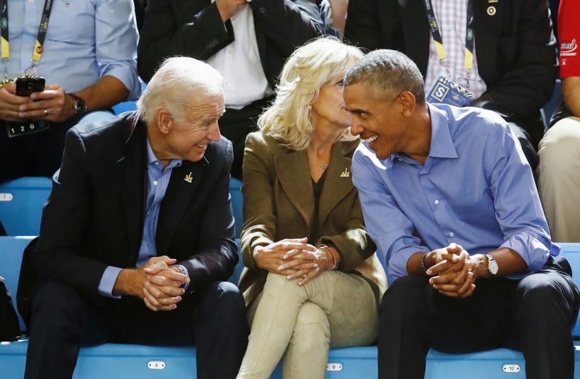 Former US President Obama, former US Vice President Biden and Jill Biden (photo credit: REUTERS/MARK BLINCH)