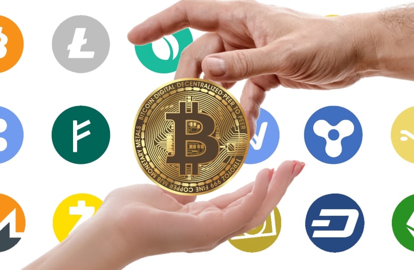 Cryptocurrency logos (photo credit: Wikimedia Commons)