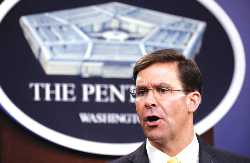 US Defense Secretary Mark Esper speaks to reporters at the Pentagon on March 5 (photo credit: YURI GRIPAS/REUTERS)