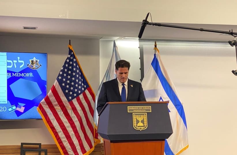 Ron Dermer, Israel’s Ambassador to the United States speaks at Israeli Embassy in Washington's Remembrance Day ceremony, April 27, 2020 (photo credit: ISRAELI EMBASSY IN WASHINGTON)