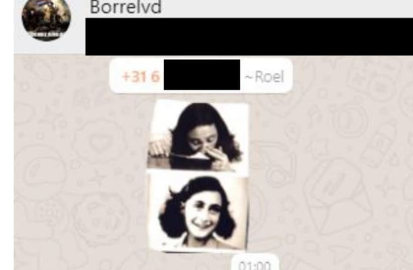 A screenshot of the meme of Anne Frank shared on the WhatsApp group of the young supporters of the Forum for Democracy Party in the Netherlands. (photo credit: HPDETIJD/JTA)