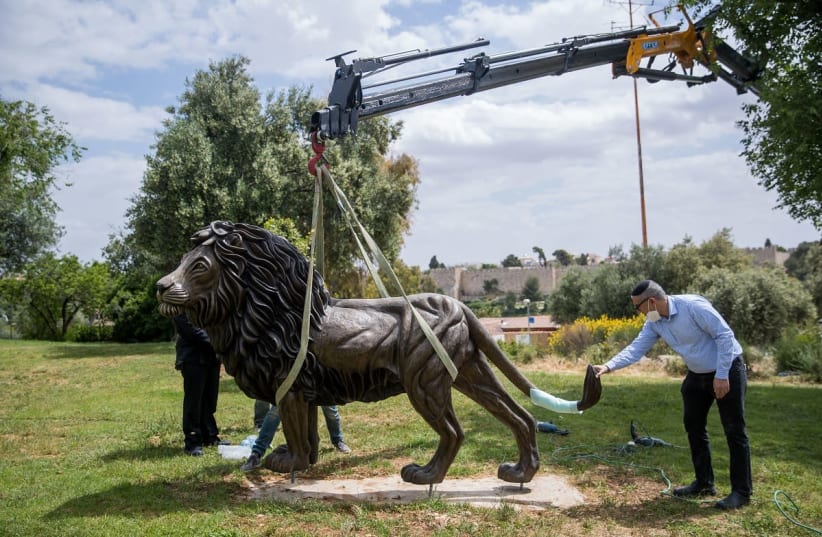 The bronze statue “The Lion of Judah” is placed in Jerusalem's Bloomfield Garden May 5, 2020 (photo credit: MARC ISRAEL SELLEM)