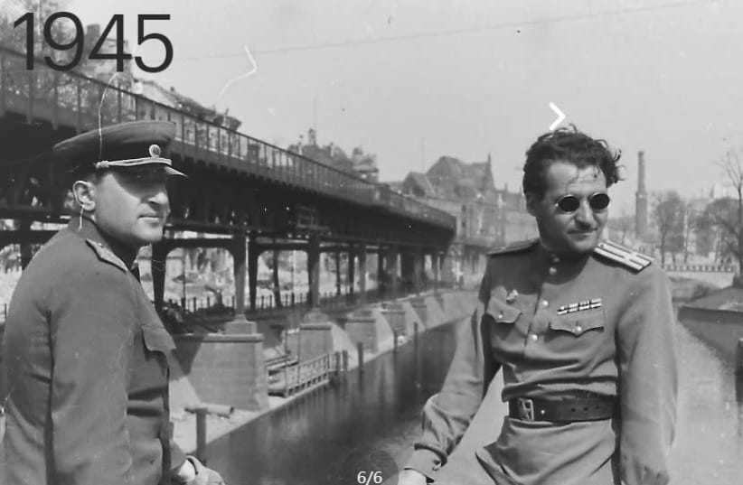 Major-General Matvey Weinrub, left, and writer Konstantin Simonov on the Hallesche-Tor-Brücke Bridge over the Landver Canal in Berlin, Germany in May 1945. (photo credit: FROM THE COLLECTION OF THE MOSCOW JEWISH MUSEUM AND TOLERANCE CENTER/JTA)