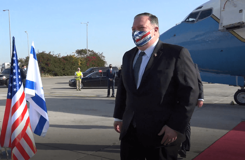 US Secretary of State Mike Pompeo arrives in Israel, May 13, 2020 (photo credit: ZIV SOKOLOV/US EMBASSY JERUSALEM)