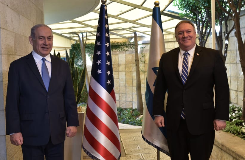 US Secretary of State Mike Pompeo and Prime Minister Benjamin Netanyahu ahead of their meeting in Jerusalem on May 13, 2020 (photo credit: KOBI GIDEON/GPO)