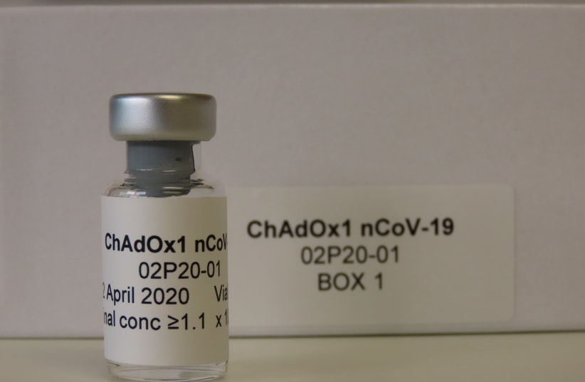 Vial 1 of Box 1. This is the vaccine candidate to be used in Phase 1 clinical trial at the Clinical Biomanufacturing Facility (CBF) in Oxford, Britain, April 2, 2020. Picture taken April 2, 2020 (photo credit: SEAN ELIAS/HANDOUT VIA REUTERS)