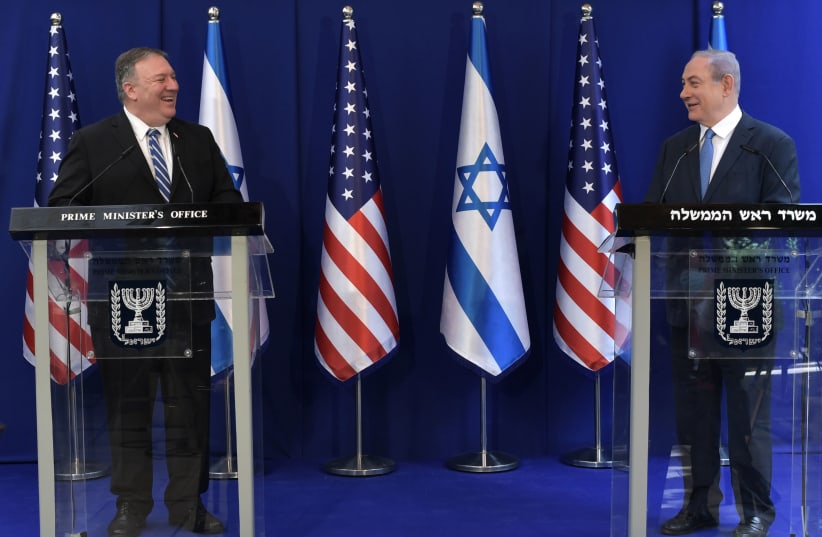 Prime Minister Benjamin Netanyahu welcomes US Secretary of State Mike Pompeo on a six-hour visit to Israel on May 13 (photo credit: KOBI GIDON / GPO)