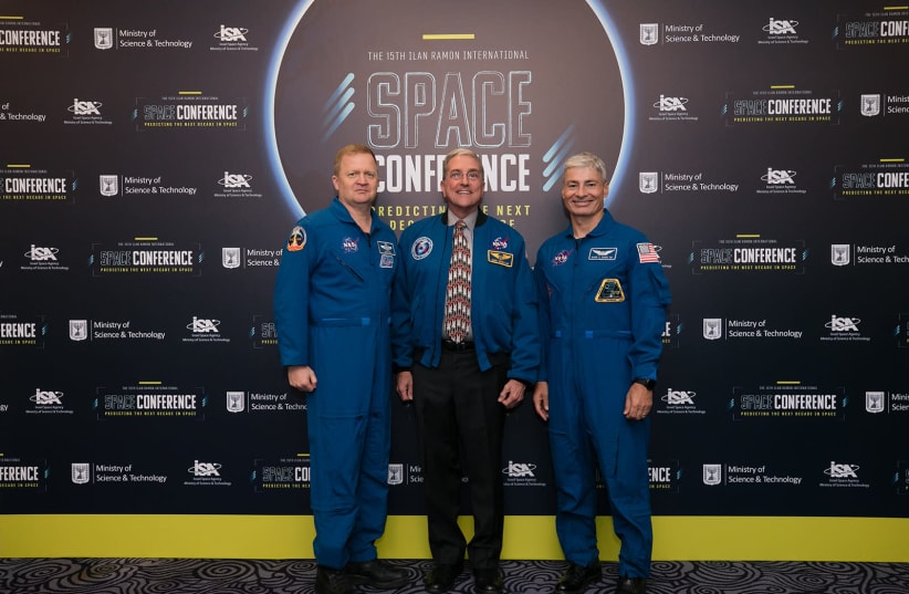 (From left) NASA astronauts Eric Boe, Donald Thomas and Mark Vande Hei participate in Israeli Space Week (photo credit: SHAULI LENDNER)