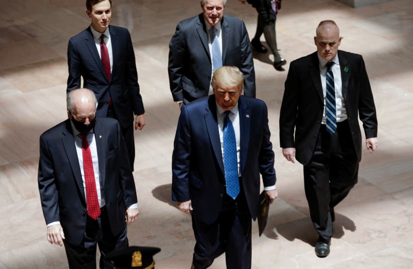 President Trump arrives to meet with Republican senators to discuss coronavirus response in Washington. May 19, 2020 (photo credit: REUTERS/YURI GRIPAS)