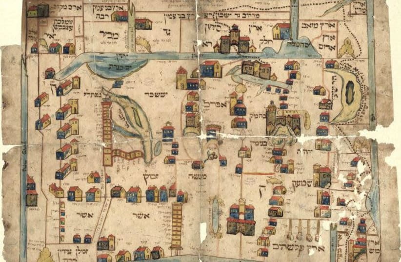 The 'Vilna Gaon Map' is believed to be a copy of a map drawn by the Gaon, which was illustrated by his students shortly after his death around 1800. (photo credit: ERAN LAOR CARTOGRAPHIC COLLECTION/NATIONAL LIBRARY OF ISRAEL)