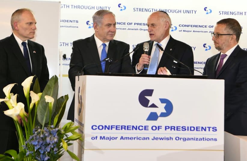 From left: William Daroff, Prime Minister Benjamin Netanyahu, Malcolm Hoenlein and Arthur Stark at a Conference of Presidents of Major Jewish Organizations event (photo credit: TWITTER VIA JTA)
