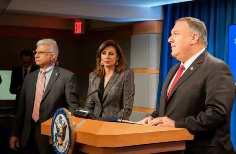 State Department spokesperson Morgan Ortagus stands next to Secretary of State Mike Pompeo (right) and Assistant Secretary for Democracy, Human Rights, and Labor Robert. A Destro as the secretary announces the release of the 2019 Country Reports on Human Rights, March 11, 2020. (photo credit: STATEDEPTSPOX INSTAGRAM ACCOUNT VIA THE MEDIA LINE)
