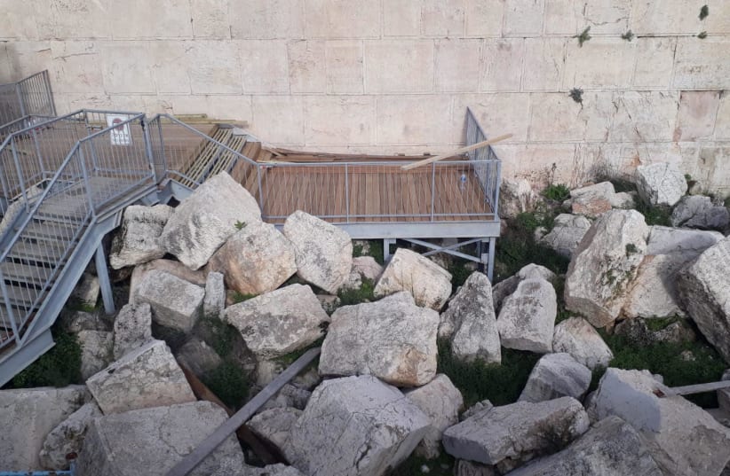 The damaged prayer platform of the Western Wall egalitarian prayer section which has been shut for nearly two years due to delays in repair work to the stones of the wall and now to the platform itself. (photo credit: MASORTI MOVEMENT IN ISRAEL)