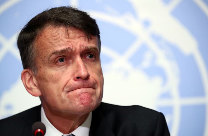 CHRISTIAN SAUNDERS, acting Commissioner-General of the UNRWA Agency for Palestine Refugees, attends a conference in Geneva in January (photo credit: REUTERS/DENIS BALIBOUSE)