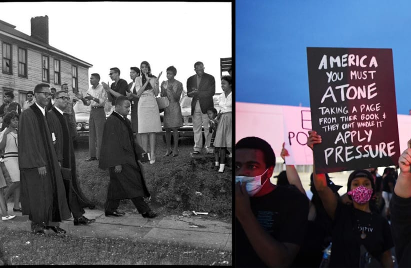 Left: The author’s grandfather, Rev. N.H. Smith Jr., marches with the Rev. Martin Luther King Jr. and others in Birmingham. Right: Protesters attend a demonstration in Las Vegas demanding justice for the death of George Floyd, May 31, 2020.  (photo credit: DENISE TRUSCELLO/GETTY IMAGES)