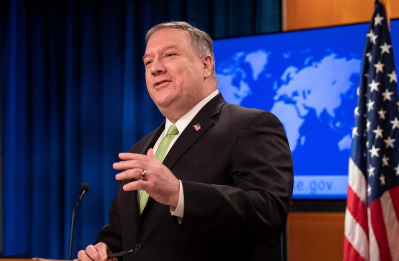 U.S. Secretary of State Mike Pompeo speaks to the media at the State Department in Washington, DC, U.S., May 20, 2020 (photo credit: NICHOLAS KAMM/POOL VIA REUTERS)